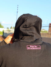 Load image into Gallery viewer, Black Hoodie Neon Pink Right Idea Wrong Mothafucka border logo
